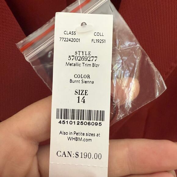 WHBM NEW Women's 14 Metallic Trim Blazer Jacket Burnt Sienna Career Quiet Luxury - Picture 10 of 16